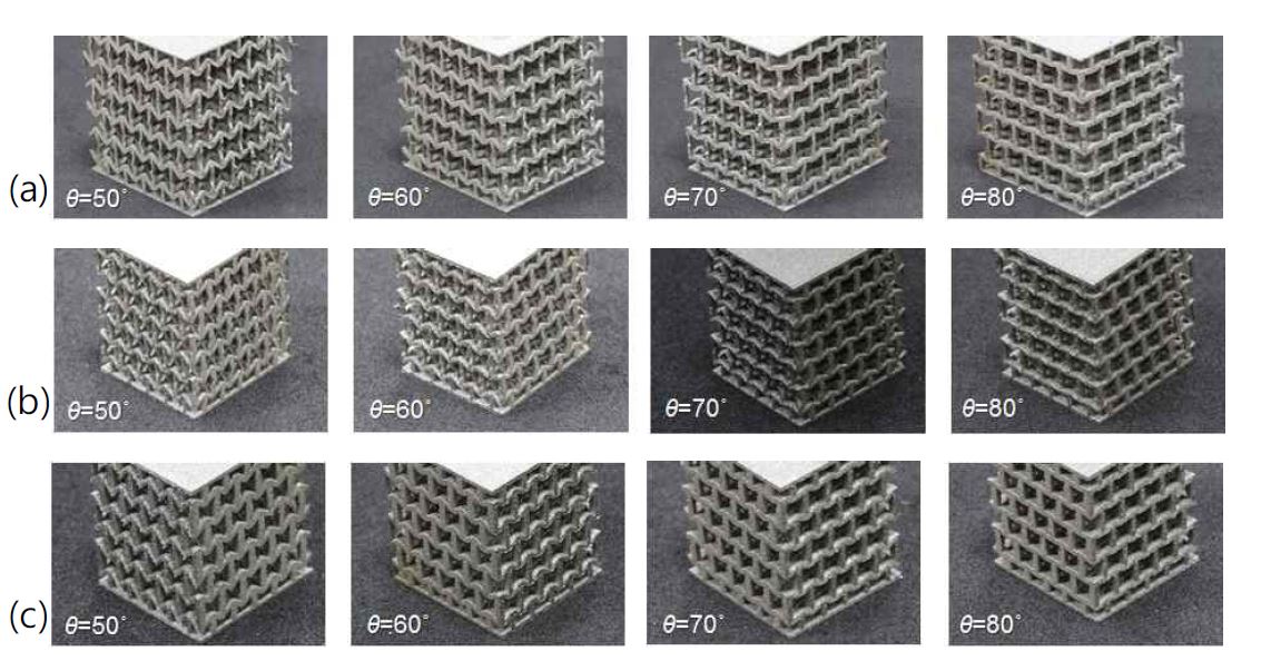 그림 46. 3D printed Auxetic structures (a) cell size 5mm, relateive density 15%, (b) 2.5mm 15%, (c) 2.5mm, 25%