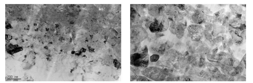 그림 3-25. AlN (800℃) 코팅층(좌)과 AlN-PVDF 코팅층(우)에 대한 TEM 미세조직사진