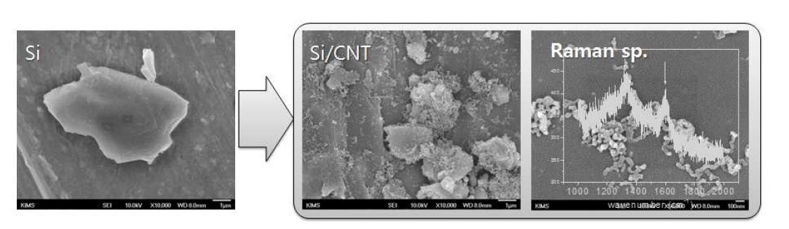 그림 3-29. bulk silicon-NiO(catalyst)-CNT 융합 필러 제조 (SEM 사진)