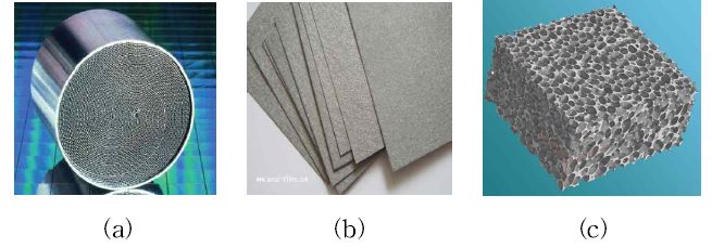 그림 4 다양한 형태의 금속 지지체, (a)metal monolith, (b) metal felt, (c) metal foam