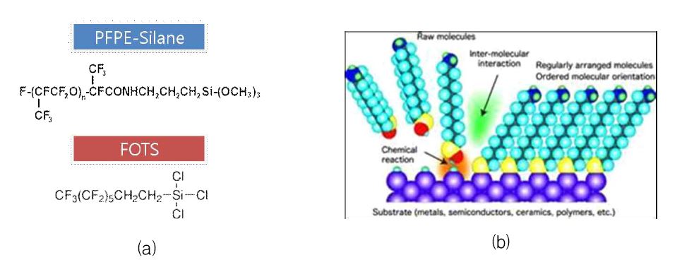 그림 9 (a) 내지문 코팅제인 PFPE-silane과 FOTS의 분자구조, (b) 내지문 코팅제인 SAMs 코팅 개념도