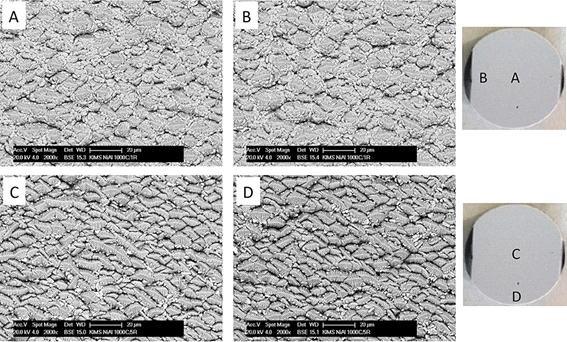 그림 14 Microstructures of the locations (A, B, C, and D) at the center and near the edge of the coated buttons. Top and bottom micrographs show the microstructures of the coating fabricated at 1 RPM and 5 RPM rotational speeds, respectively.