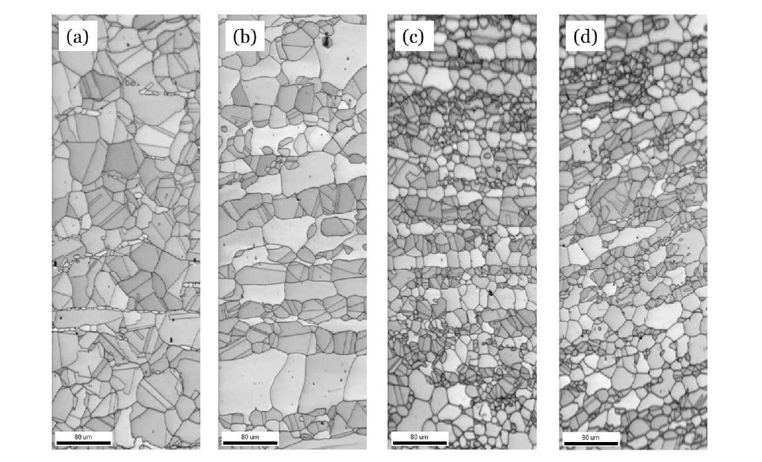 EBSD로 촬영된 (a) 28 (b) D4 (c) D5 (d) D8 시편의 Pattern Quality map