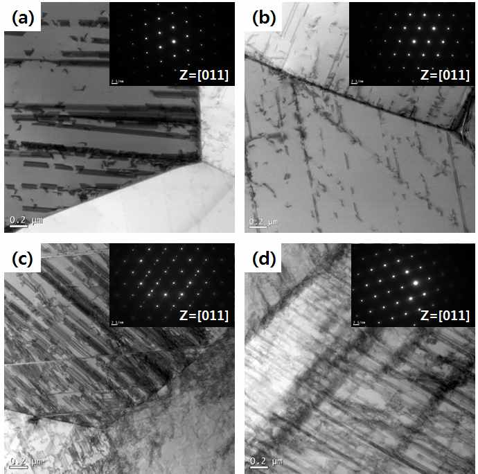 TEM 이미지 (a), (b) 0.38N, 피로 응력: 475 MPa (c), (d) 0.59N, 피로 응력: 575 MPa