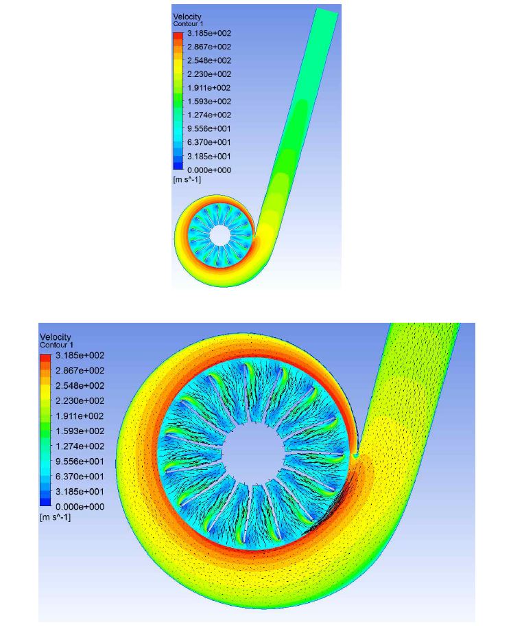 Relative velocity distribution on 8mm plane above bottom. Inlet total pressure=60.6 kPa, total temperature=778.2 K