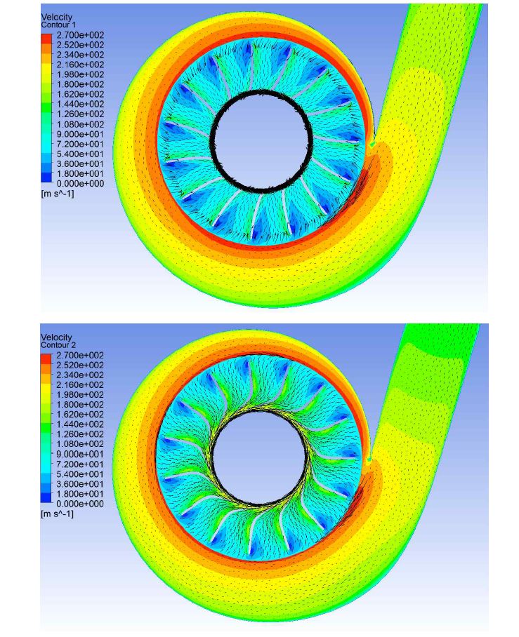 Comparison between 1st and 2nd years impeller relative velocity vectors at span=0.5.