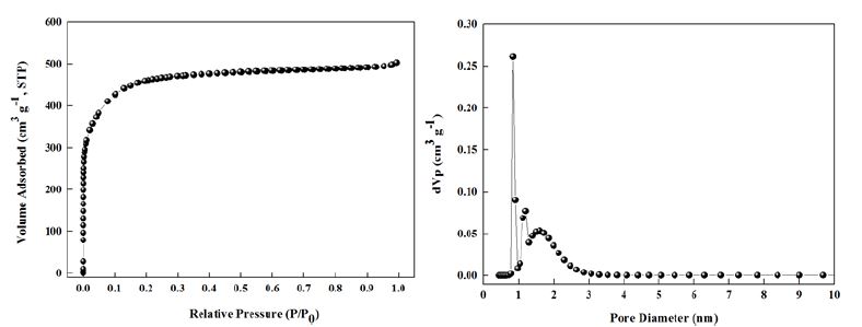 [그림 18] 3차원 네트워크 구조의 탄소 나노시트의 비표면적 (좌) 및 기공 크기 분포 (우) 분석결과