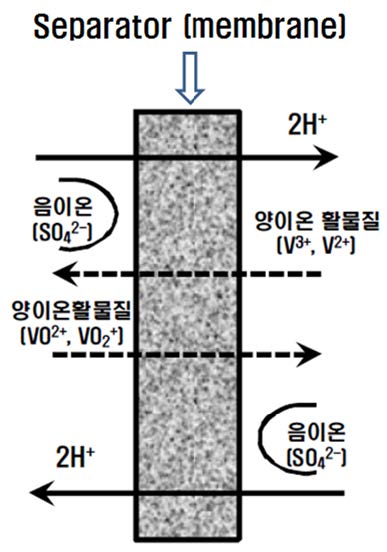 [그림 1- 4] 바나듐 레독스 흐름전지(VRFB)에서의 이온교환막 역할 개념도