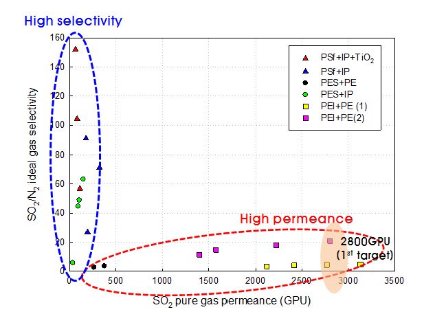 개발 SO2 분리용 막의 성능