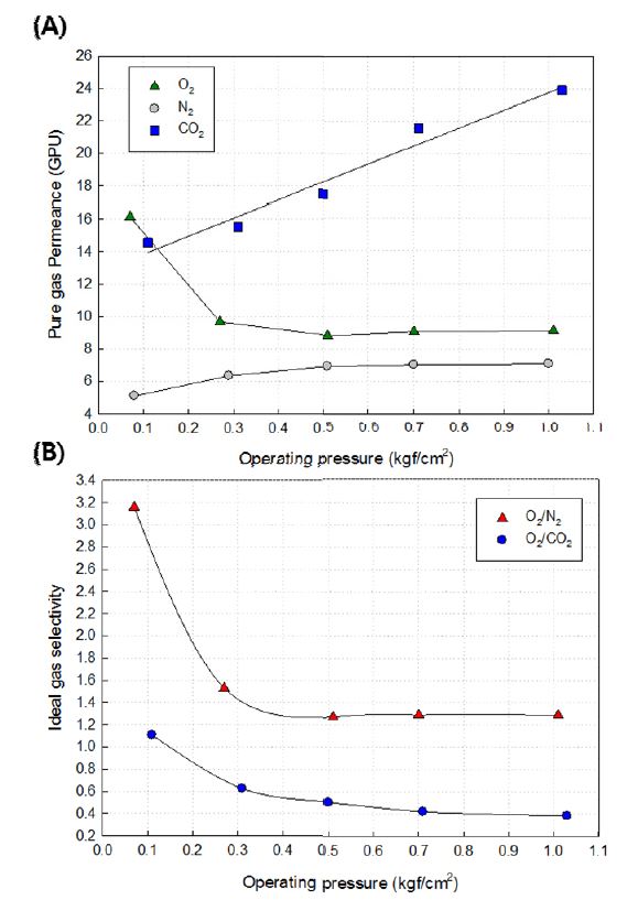 Effects of operating pressure on each pure gas permeance (A) and ideal gas selectivity (B) using PBMA : CoTPP (100: 50 ratio wt.%) module