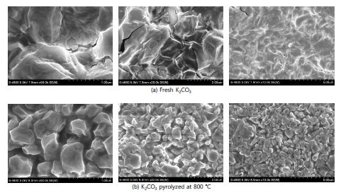 그림 5. Fresh K2CO3와 800 °C 열처리된 K2CO3의 SEM image