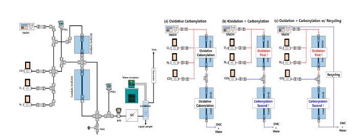 DMC 합성을 위한 반응의 모식도 : (a) 산화카르보닐레이션, (b) (先)산화(後)카르보닐레이션, (c) 리사이클을 포함한 (先)산화(後)카르보닐레이션