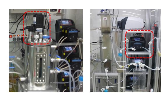 [그림 3- 4] CSTR반응기의 교반모터(좌) UASB의 순환펌프(우)