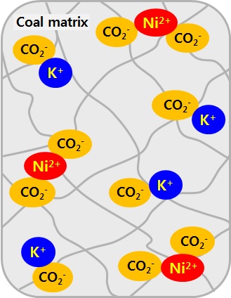 Concept image of ion-exchangeable coal and ions in solution
