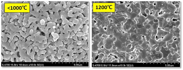 열처리 온도에 따른 NiO-GDC granule 표면 미세구조