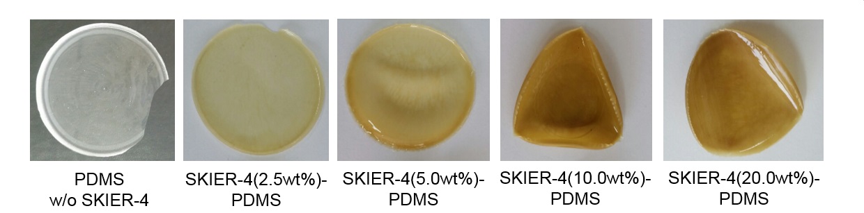 SKIER-4(Mg)첨가양에 따른 SKIER-4(Mg)-PDMS 혼합기질 분리막 필름의 사진