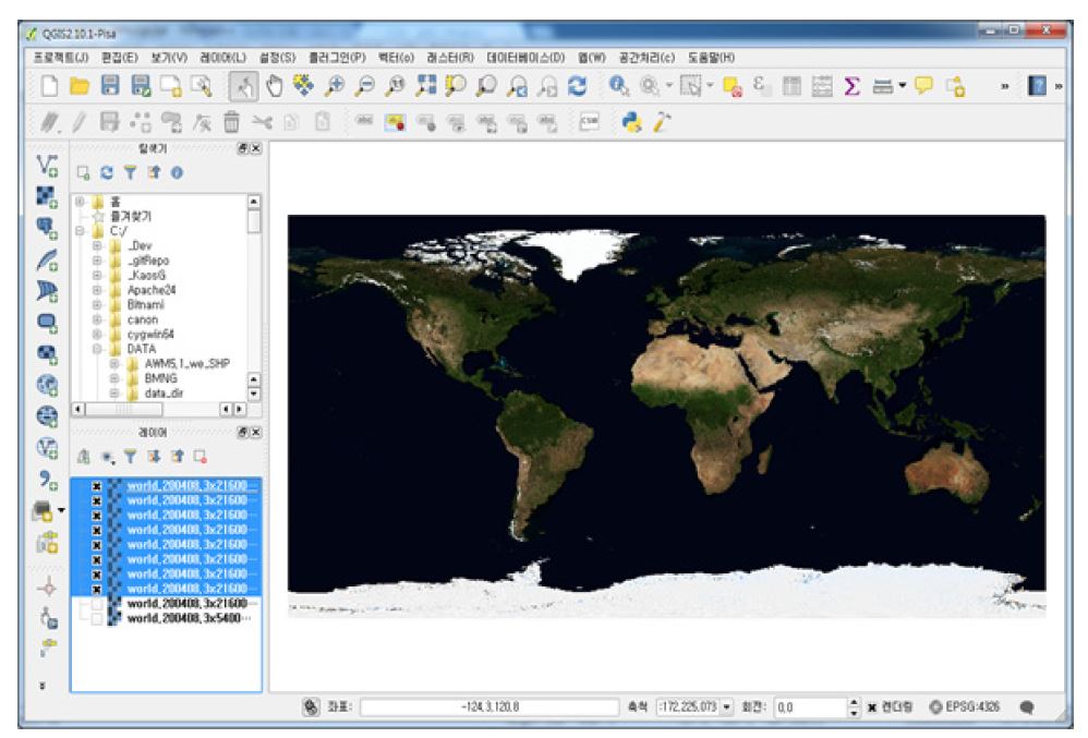 QGIS에서 World 파일을 이용해 영상을 불러온 화면