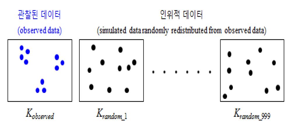 K -function 분석결과의 통계적 유의성 검정을 위한 몬테카를로 시뮬레이션 수행과정의 개념적 예시