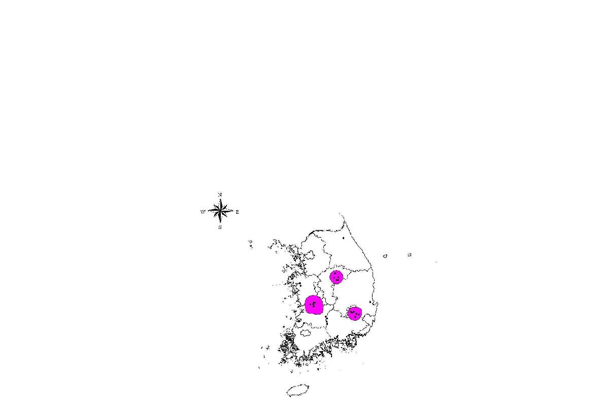 1997년 삵의 분포현황(유효좌표 36개 지점) 및 주요 지역(Kernel 50%)