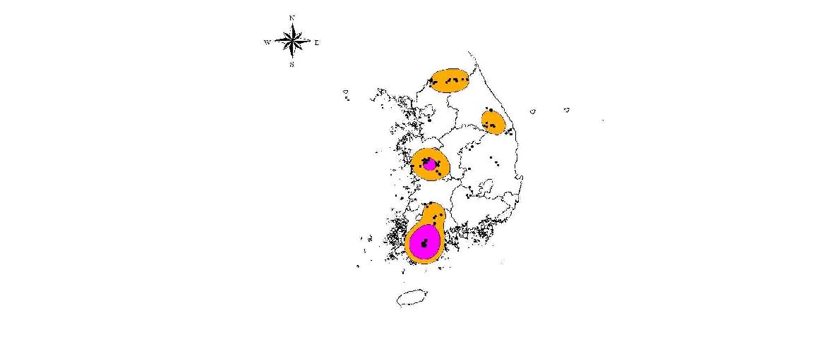 2000년 삵의 분포현황(유효좌표 106개 지점) 및 주요 지역(Kernel 75%, 50%)