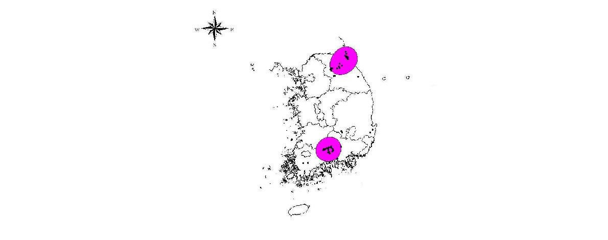 2002년 삵의 분포현황(유효좌표 60개 지점) 및 주요 지역(Kernel 50%)