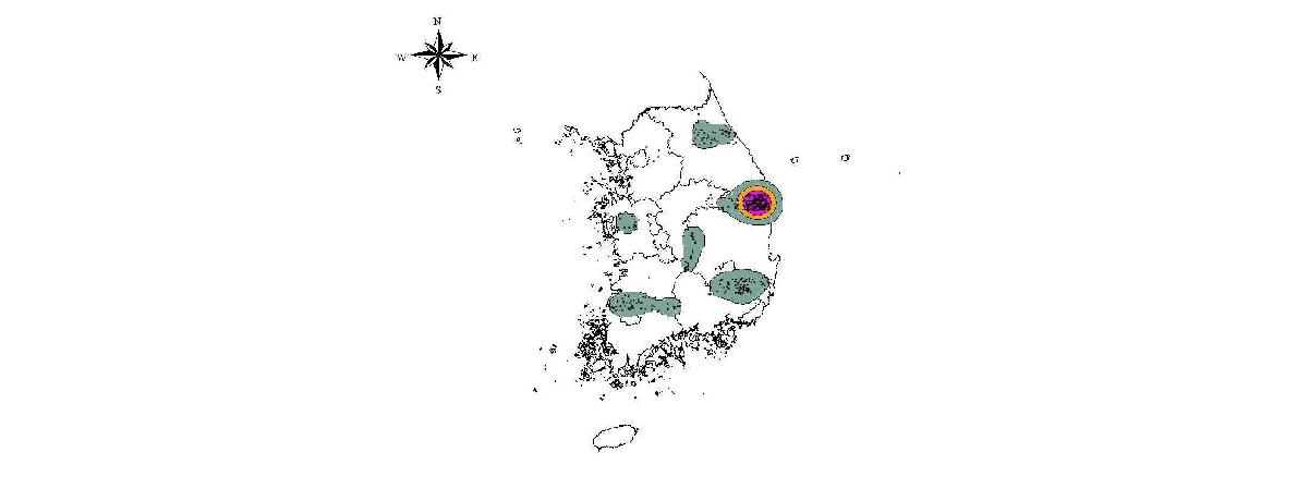 2007년 삵의 분포현황(유효좌표 559개 지점) 및 주요 지역(Kernel 95%, 75%, 50%)