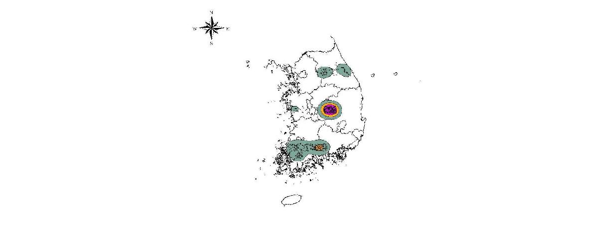 2009년 삵의 분포현황(유효좌표 812개 지점) 및 주요 지역(Kernel 95%, 75%, 50%)