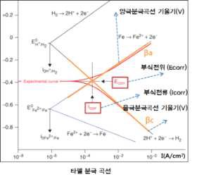 그림 2.2.46 희생양극원리에 의한 금속용사피막의 타펠 분극곡선 개요