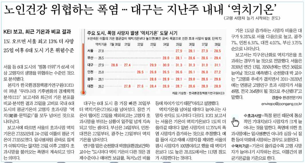 [도시열섬현상과 폭염사망자 관련 언론보도 (중앙일보 2012.07.30.)]