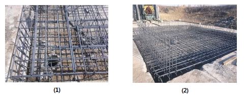 그림 3-1-7 바닥공사 (철근 콘크리드 공사) (1) 철근 배근 상세 (2) 1차 철근 배근 작업 완료