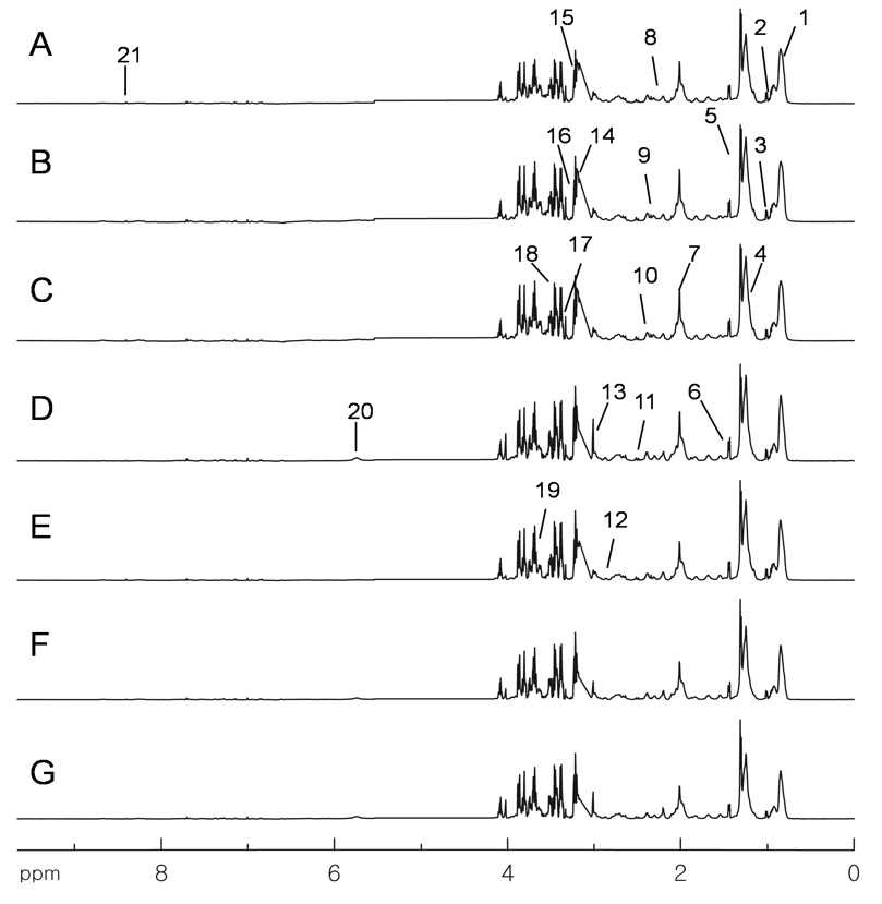 그림 1. 각 집단의 평균 NMR spectrum (A: control, B: group 1 with DM, C: group 2 with DM D: group 3 with DM, E: group 1 without DM, F: group 2 without DM G: group 3 without DM)