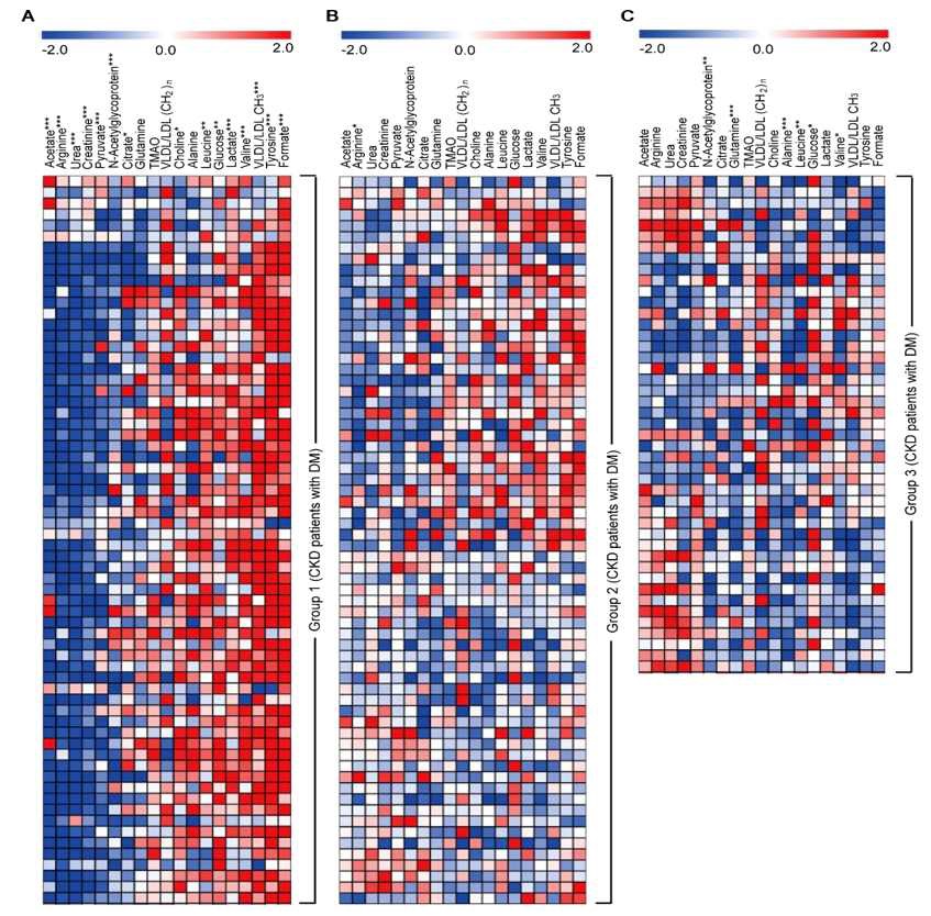 그림 3. 당뇨성 신부전 환자의 대사체 레벨 변화. A, group 1; B, group 2; C, group 3. 대사체 레벨 변화는 UV 스케일링으로 표현 되었으며 빨강과 파랑은 각각 비 당뇨성 신부전 환자와 비교해 볼 때 당뇨성 신부전 환자에게서 증가 또는 감소함을 나타낸다. *, p<0.05; **, p<0.01; ***, p<0.001.