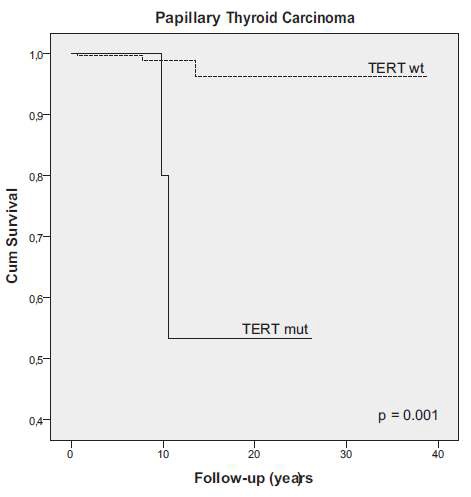 그림3. 유두암에서 TERT 유전자 변이에 따른 생존 (Melo M et al. J Clin Endocrinol Metab 2014;99:E754-65에서 발췌)