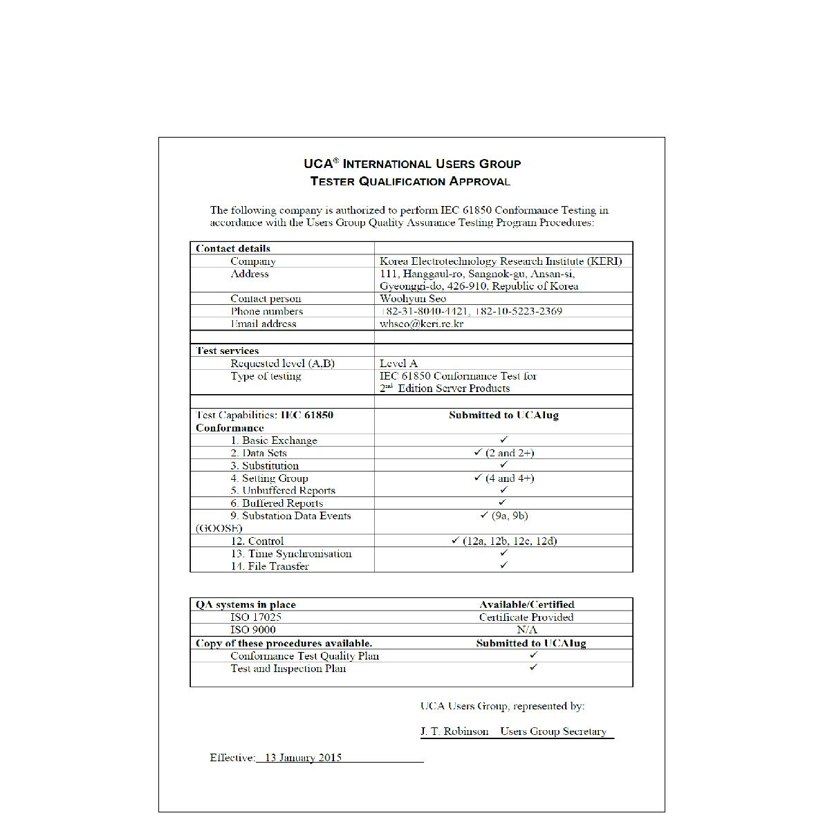 그림 4. IEC 61850 Server Ed 2.0 Level A 국제공인시험인증기관 자격 획득 인정서