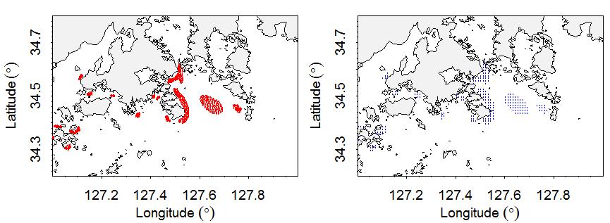 (a) Digitized original red tide data and (b) interpolated red tide data at regular grids