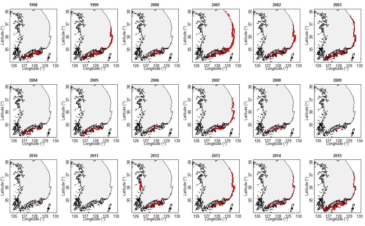 Spatial distributions of the red tide occurrence in the seas around the Korean Peninsula during 1998 ~ 2015.