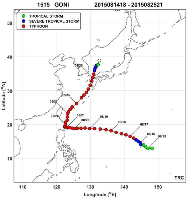 태풍 고니(1515)의 진로와 강도 변화.