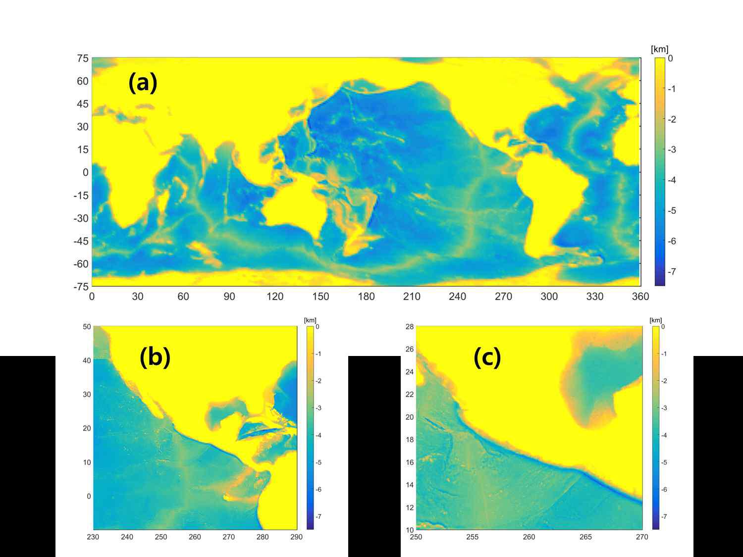 (a)전 지구, (b)동태평양 (c)미국 서쪽 해안 영역으로 파랑모델에서 사용된 도메인.