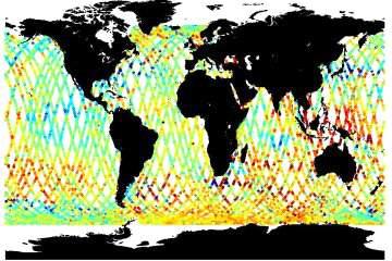 OSTM/Jason-2 위성의 해양 표층 높이 아노말리(Sea Surface Height Anomalies) 측정을 위한 위성 궤도 경로.
