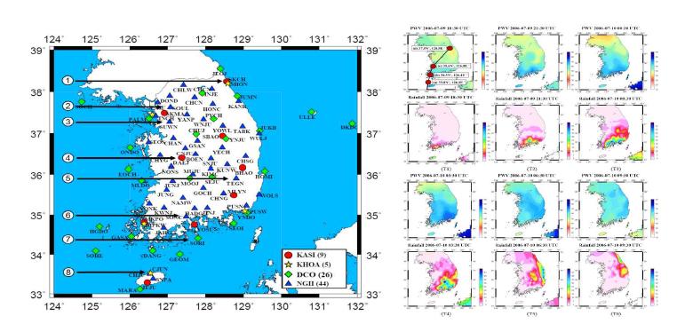 자료처리에 사용된 관측망(왼쪽), 가강수량 변화 모습(오른쪽)