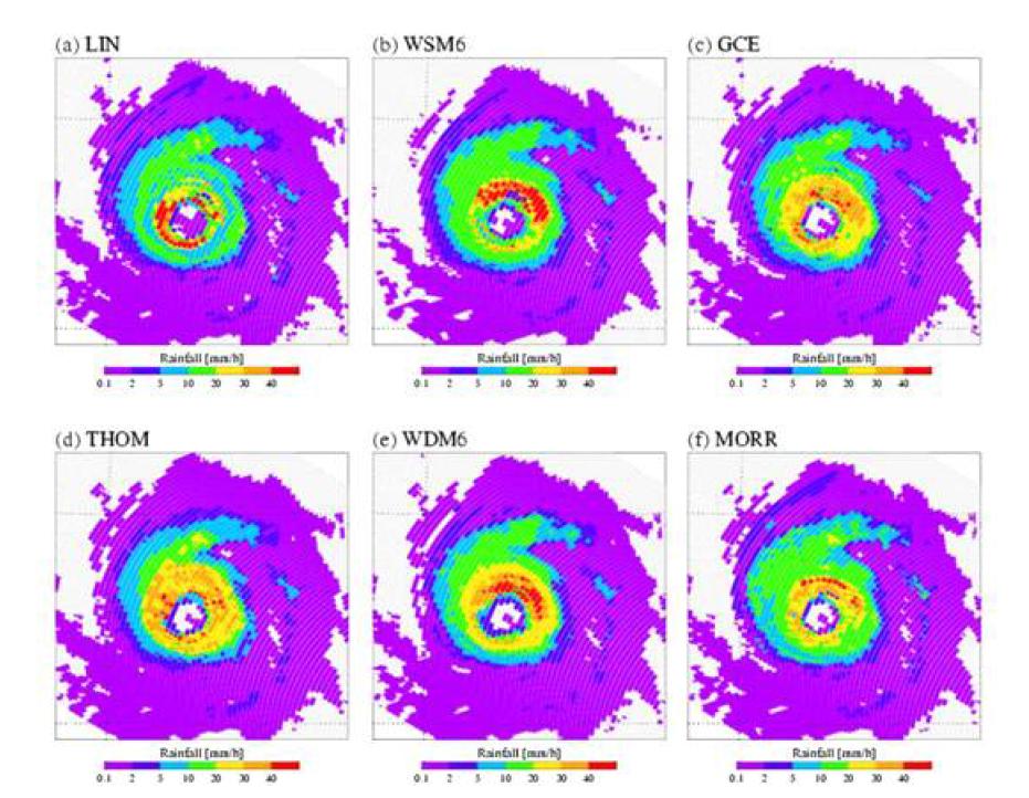 Retrieved rain rates for Typhoon Sudal from six different a-priori databases using six microphysics schemes.