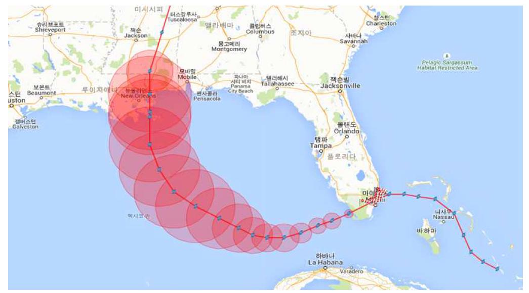 A best-track of hurricane Katrina and sensor station information