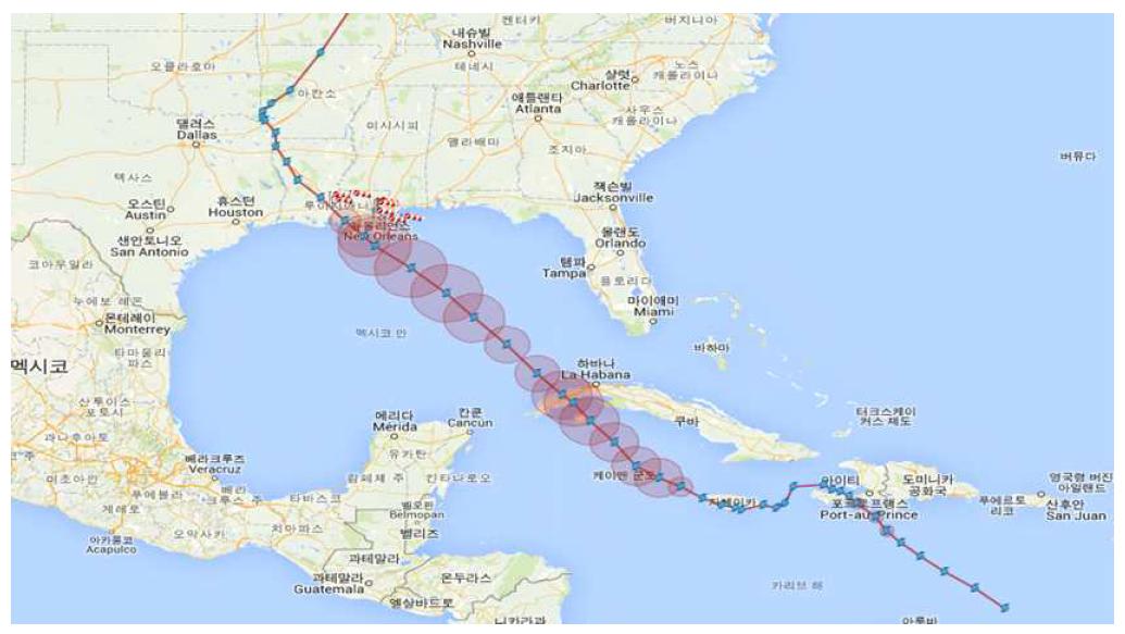 A Best-Track of hurricane Gustav and sensor station information