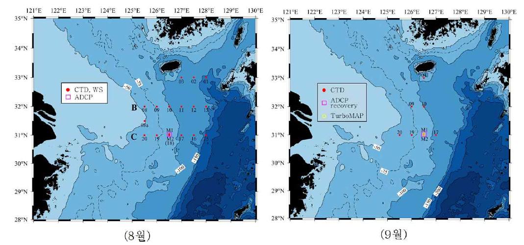 2015년 8월(1항차)과 9월(2항차) 동중국해 관측 정점 위치도