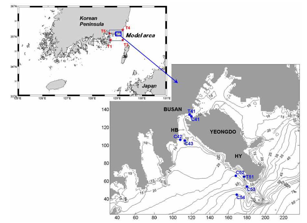 부산인근 모델 해역(좌상) 및 관측점 위치도(우하).