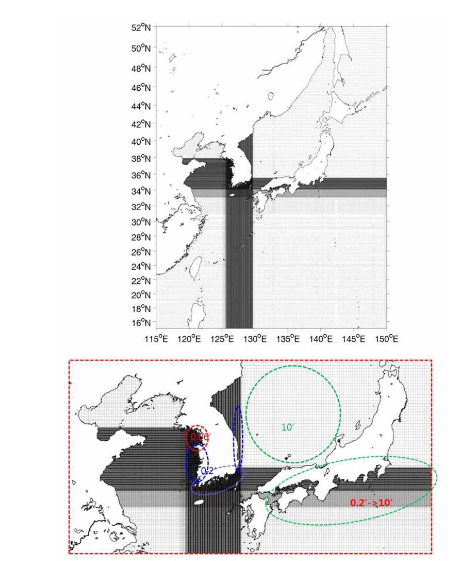 약 140만개 격자망으로 구성된 북서태평양 전체 격자망 (상) 및 한반도 연안 상세 격자망 간격