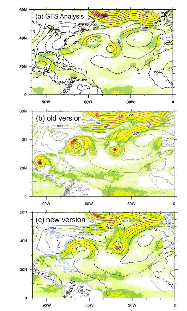 Sea-level pressure (contour) and 10-m wind speed (shading) from GFS analysis, simulated results from 2014 TC configuration and 2015 TC configuration.