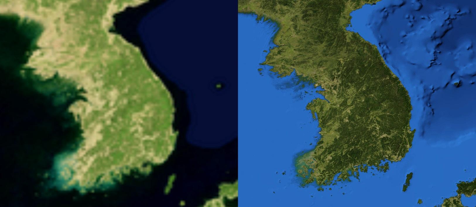 A fixed resolution image of the Korean peninsula (left), and a multi-resolution image of the same region (right).