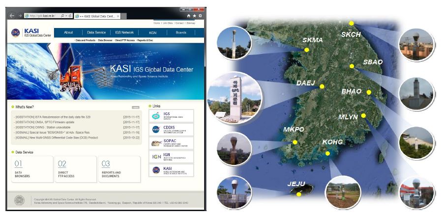 천문(연) GDC 홈페이지(좌), 국내 상시관측망 운영 현황(우)
