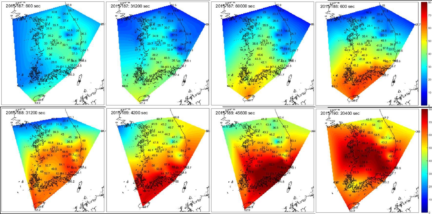 7월 강우 사례에 대한 GNSS 가강수량 분포 (7월 6일 ~ 9일)